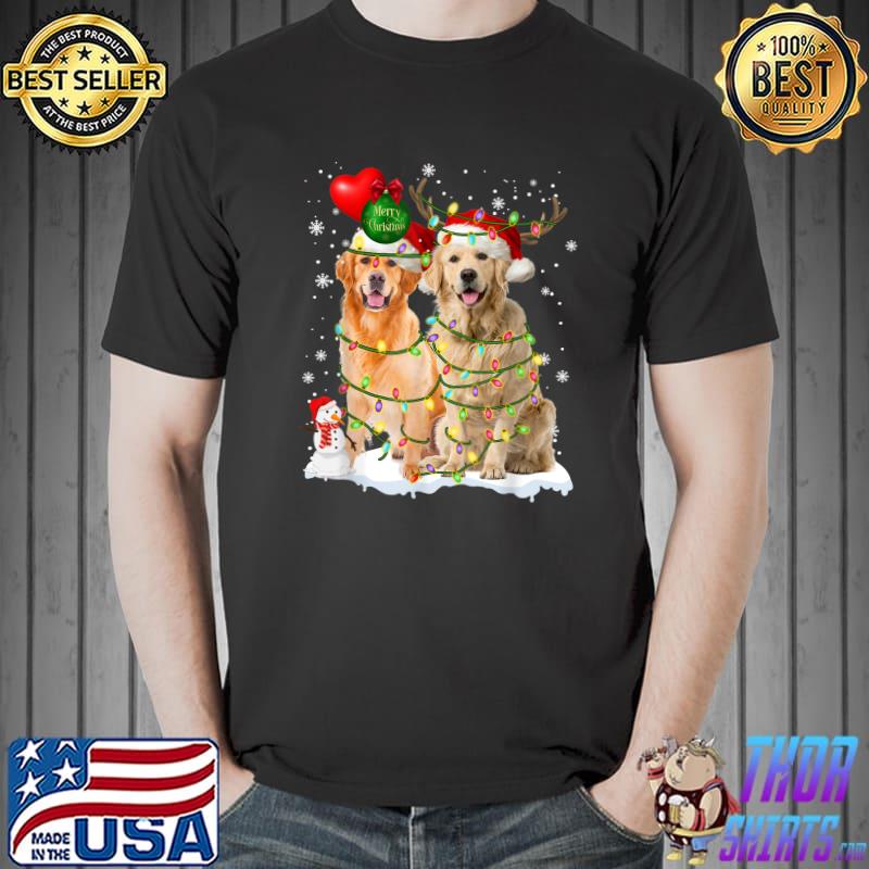 Funny golden Retriever Couple Santa Hat Light Reindeer In Snow T-Shirt Unisex