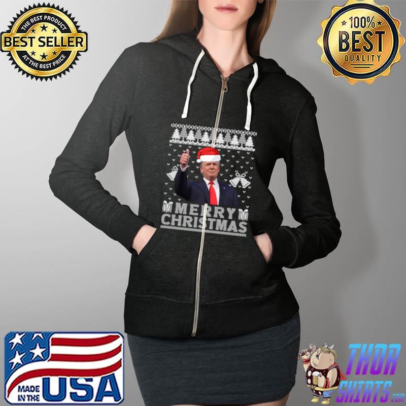 Funny Merry Christmas Trump Wear Santa Hat Ugly Christmas Sweater T- Full Zip Hooded