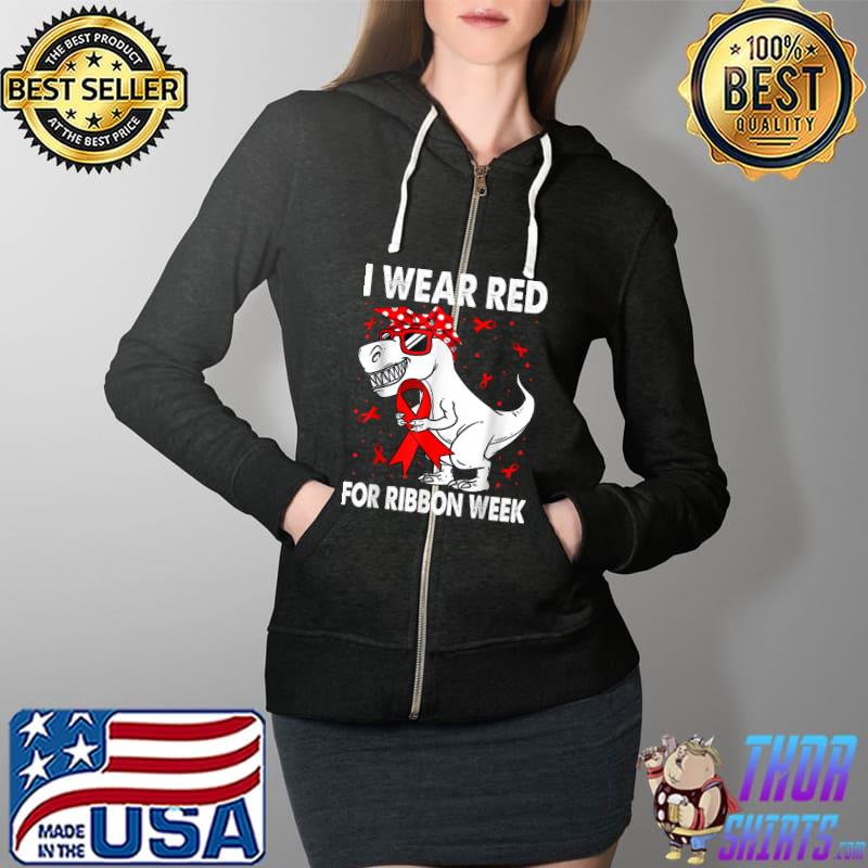 In October We Wear Red Ribbon Week Awareness Dinosaur Boys T Shirt Full Zip Hooded