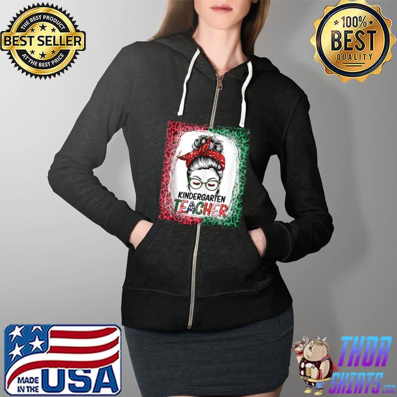Kindergarten Teacher Messy Bun School Christmas Leopard Xmas T-s Full Zip Hooded