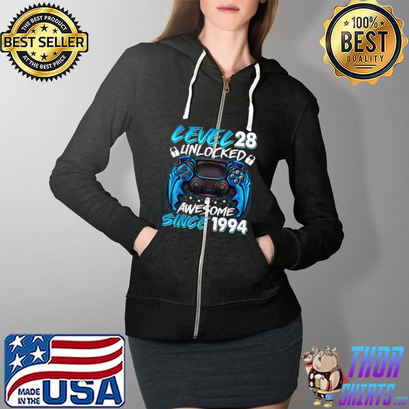 Level 28 Unlocked Awesome Since 1994 28th Birthday Gaming T Shirt Full Zip Hooded