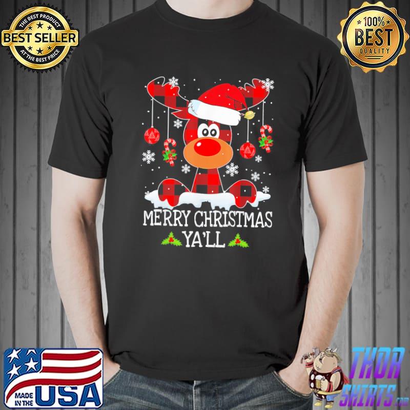 Nice Merry Christmas Ya’ll Buffalo Red Plaid Reindeer Santa Hat T-Shirt Unisex