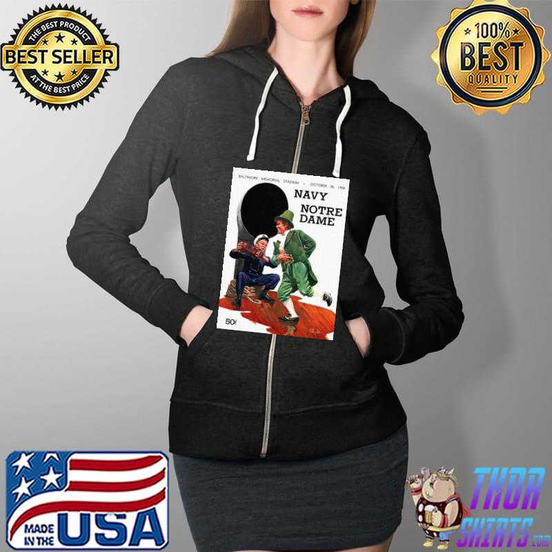 Official Notre Dame V Navy 1954 Vintage Program Shirt Full Zip Hooded