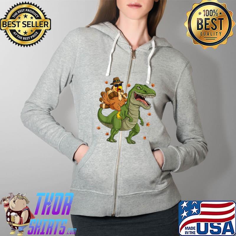 Official thanksgiving Turkey Riding T Rex Dinosaur Toddler Boys Kids T-Shirt Full Zip Hooded