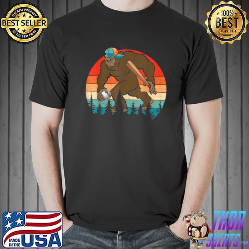 Official Vintage Retro Bigfoot Playing Baseball Cool Bigfoot Baseball T Shirt Unisex