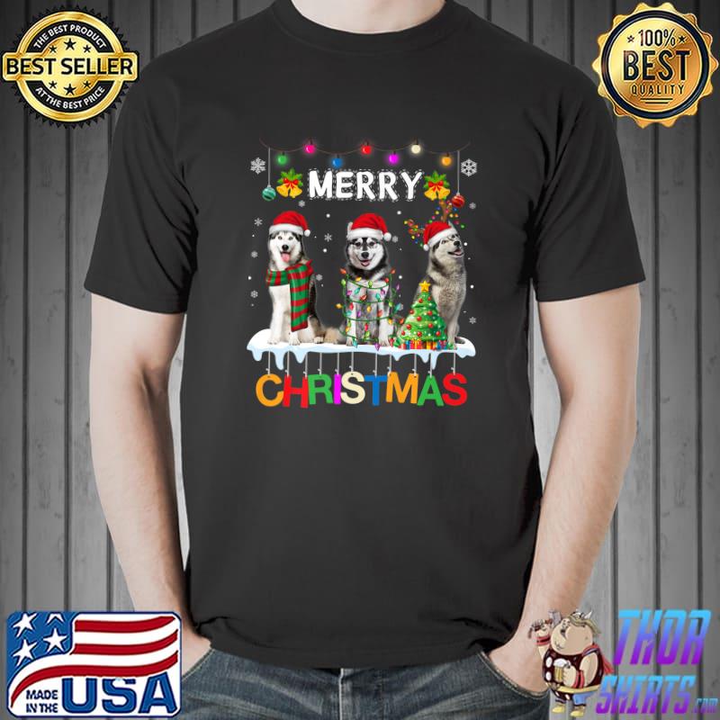 Original merry Christmas Husky Santa Christmas Tree Lights T-Shirt Unisex