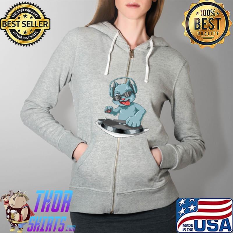 Premium cat with headphones on the vinyl turntable for all DJ T-s Full Zip Hooded