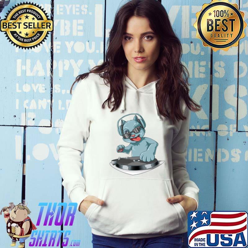 Premium cat with headphones on the vinyl turntable for all DJ T-s Hoodie