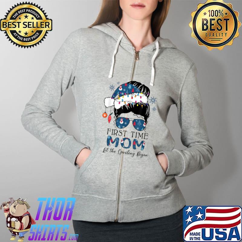 Premium first Time Mom Est. 2022 Messy Bun Xmas Lights Santa Hat T-Shirt Full Zip Hooded
