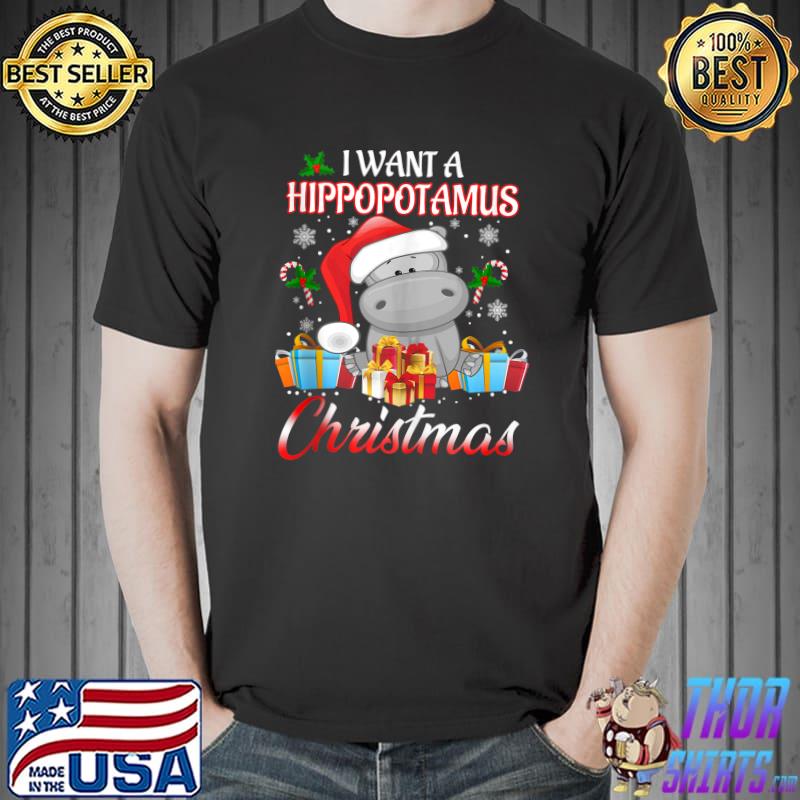 Top I Want A Hippopotamus For Christmas Xmas Lights Santa Hippo T- Unisex