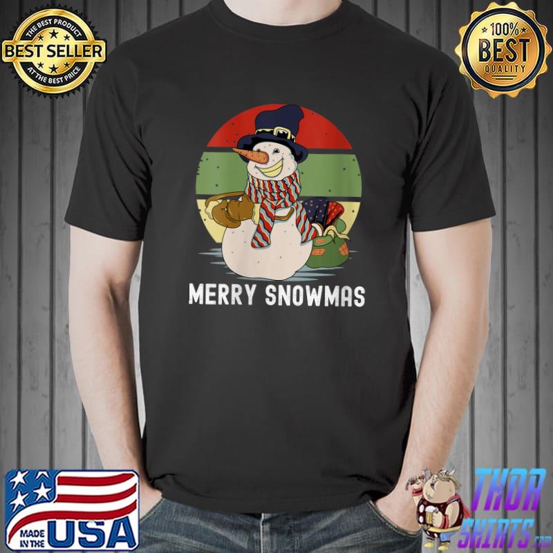 Top merry Snowmas Snowman Christmas Retro Vintage Sunset T-Shirt Unisex
