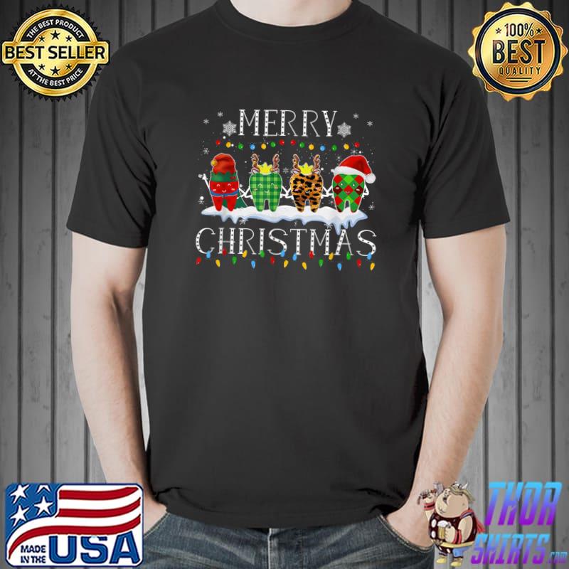 Top Santa Hat Xmas Leopard Plaid Reindeer Merry Christmas Teeth T-Shirt Unisex