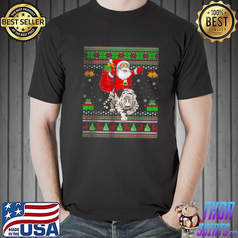 Top Ugly Xmas Santa Claus Riding White Tiger Christmas T Shirt Unisex