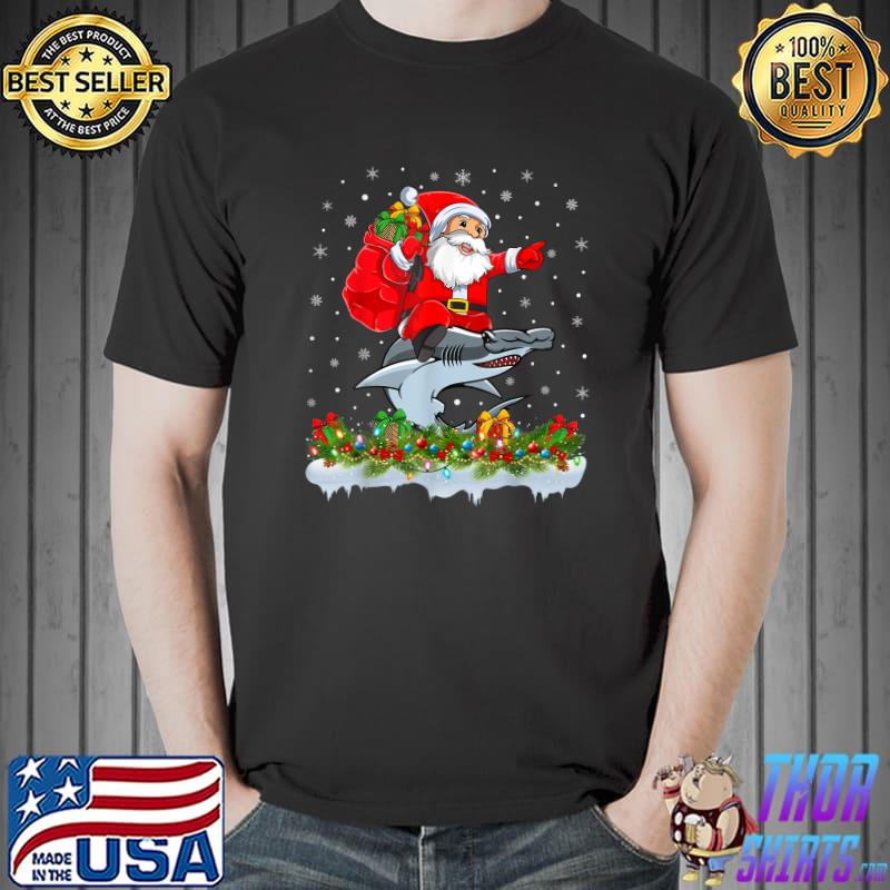 Top Xmas Funny Santa Claus Riding Hammerhead Shark Christmas T-Shirt Unisex