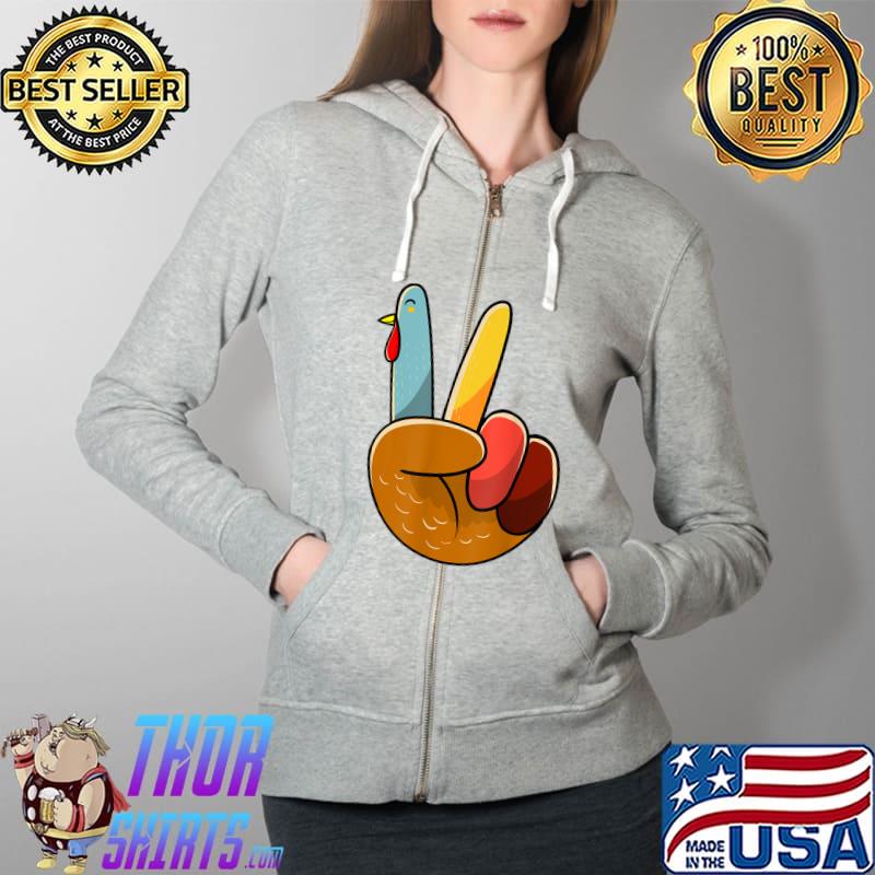 Turkey Peace Hand Sign Thanksgiving Thankful Women Kids Girl T-Shirt Full Zip Hooded