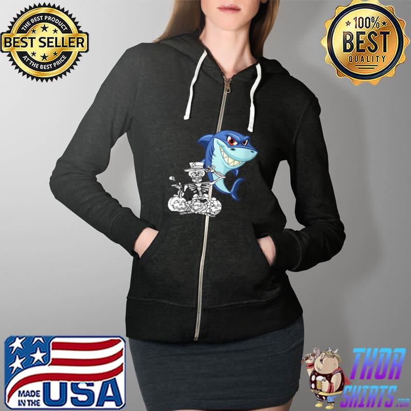 Awesome Skeleton Riding Shark Funny Halloween Boys Girls Kids T-Shirt Full Zip Hooded