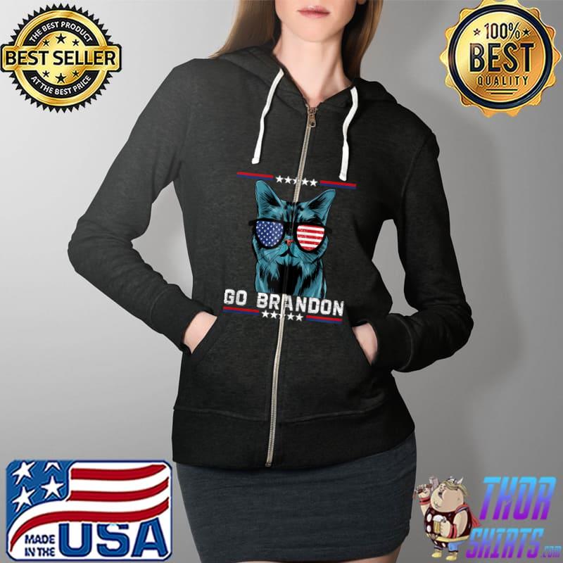 Go Brandon, Cat With Sunglasses In USA Flag Style T-Shirt Full Zip Hooded
