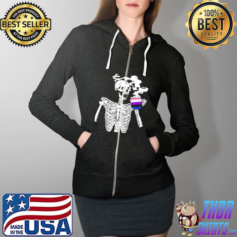 Funny Skeleton Drinking Coffee Genderfluid Pride Skull Lgbtq Ally Shirt Full Zip Hooded