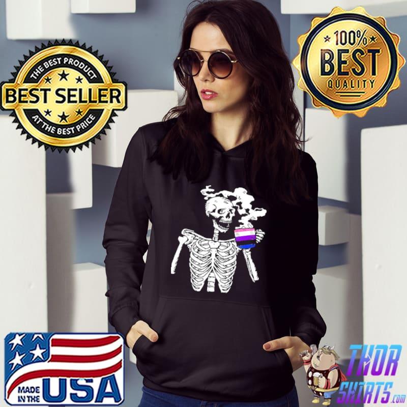 Funny Skeleton Drinking Coffee Genderfluid Pride Skull Lgbtq Ally Shirt