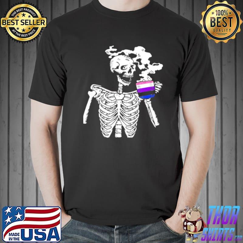 Funny Skeleton Drinking Coffee Genderfluid Pride Skull Lgbtq Ally Shirt Unisex