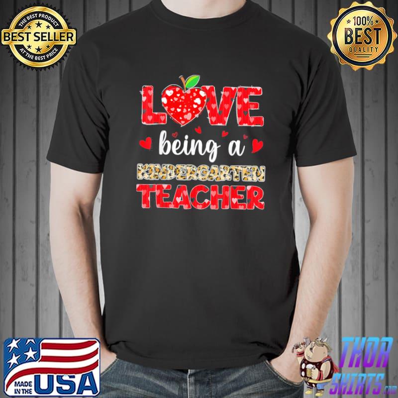 Love Being Kindergarten Teacher Valentines Day Leopard Plaid T-Shirt