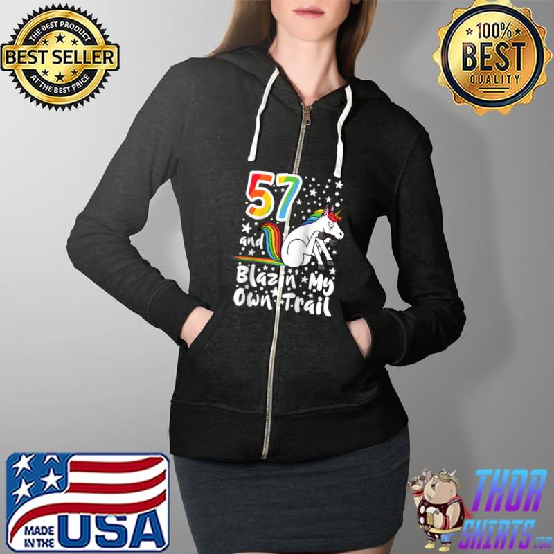Official 57 Year Old I Blazing A Trail I Rainbow Unicorn Birthday Raglan Baseball T Shirt Full Zip Hooded