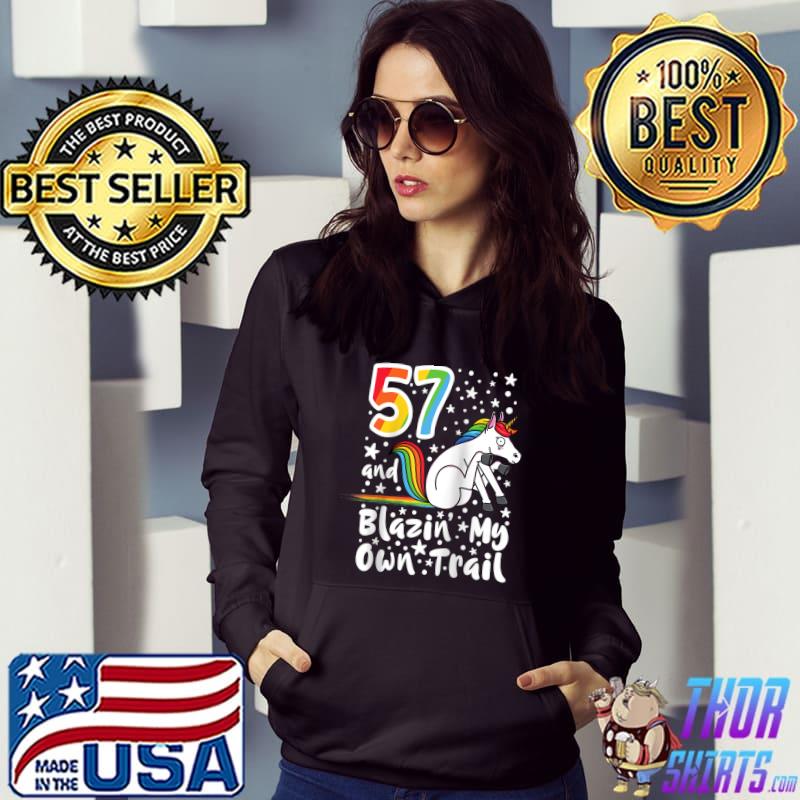 Official 57 Year Old I Blazing A Trail I Rainbow Unicorn Birthday Raglan Baseball T Shirt