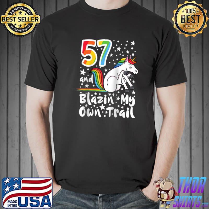 Official 57 Year Old I Blazing A Trail I Rainbow Unicorn Birthday Raglan Baseball T Shirt Unisex