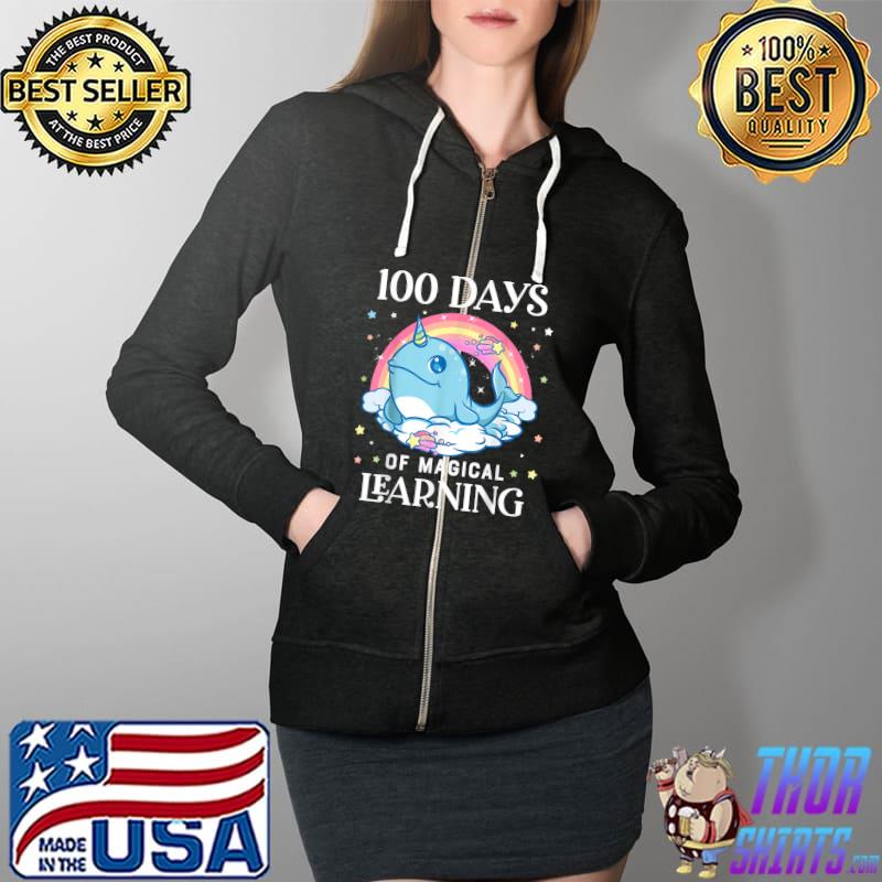 Premium 100 Days of School Narwhal Unicorn Girls 100th Day Rainbow T-Shirt Full Zip Hooded