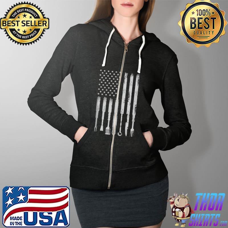 BBQ Design Smoking Barbecue USA Flag T- Full Zip Hooded