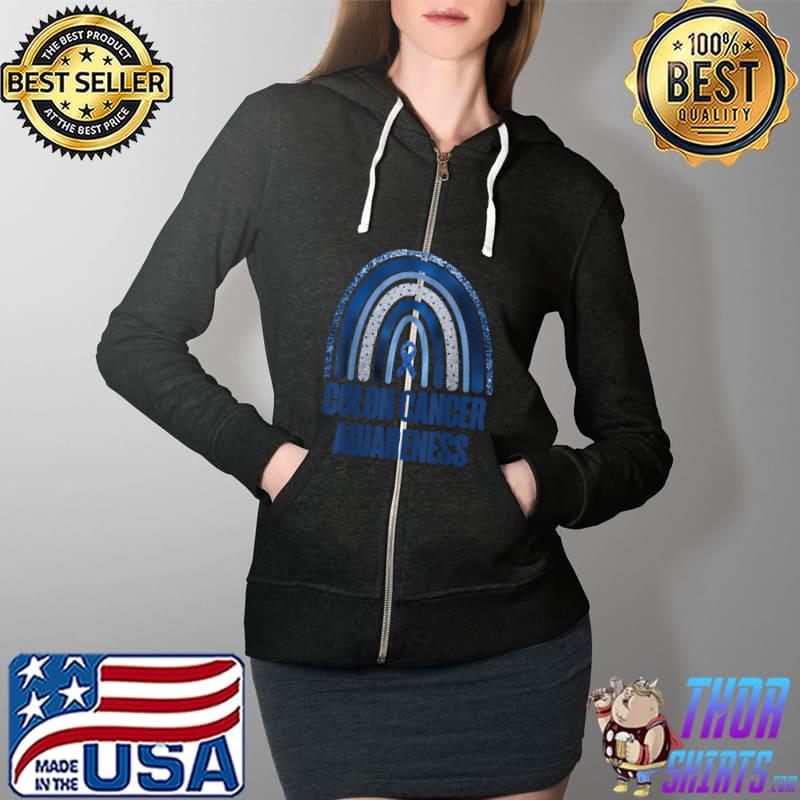 Colon Cancer Awareness Blue Ribbon and Rainbow New Awareness T-Shirt Full Zip Hooded