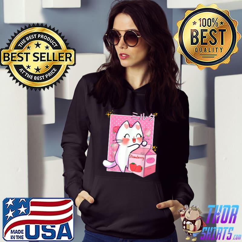 Cute Cat Lady Kawaii Cat Hugging Japanese Strawberry Milk T-Shirt
