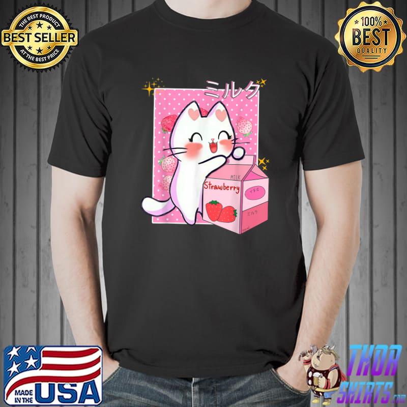 Cute Cat Lady Kawaii Cat Hugging Japanese Strawberry Milk T-Shirt Unisex