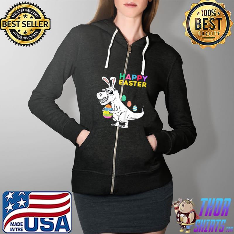 Kids Happy Easter T Rex Dino With Bunny Ears Funny Egg Boys Girls T-Shirt Full Zip Hooded