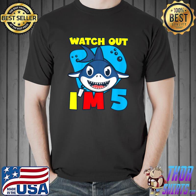 Kids Watch Out I'm 5 Shark Sea Animal 5th Birthday Party Gift T-Shirt Unisex