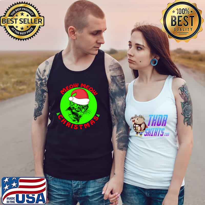 Meow meow funny christmas pajama funny cat Xmas santa hat T- Tank Top