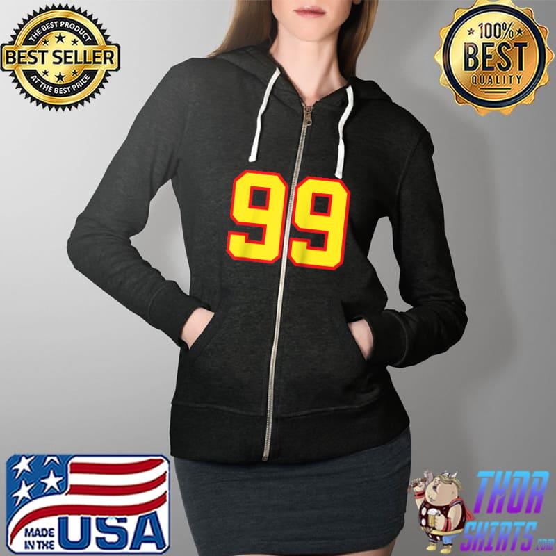 Number 99 Sports Jersey Fan Athlete Yellow Red Varsity T- Full Zip Hooded