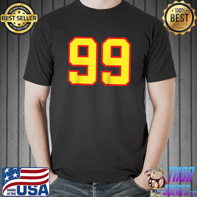 Number 99 Sports Jersey Fan Athlete Yellow Red Varsity T- Unisex