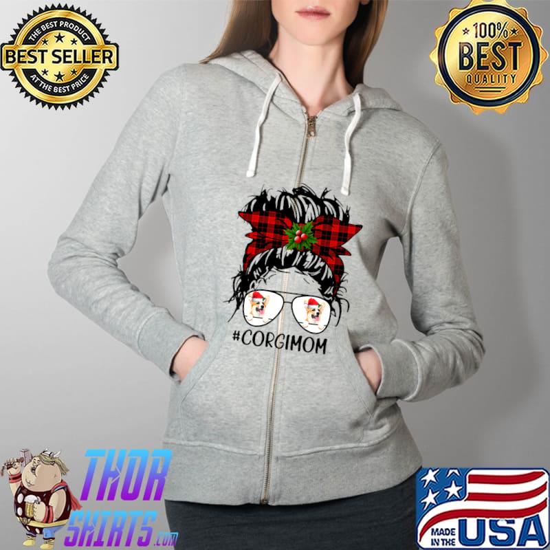 Premium Corgi Mom Buffalo Plaid Messy Bun Hair Christmas T- Full Zip Hooded
