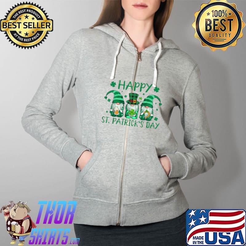 Three Gnomes Holding Shamrock Leopard Plaid St Patrick's Day T-Shirt Full Zip Hooded