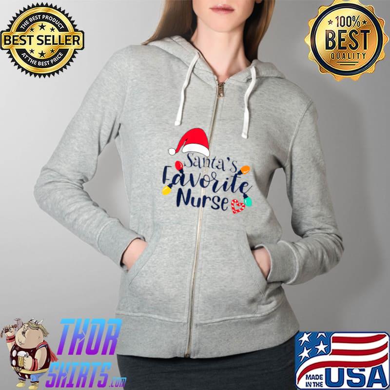 Top Merry Christmas Santa’s Favorite Nurse Christmas T- Full Zip Hooded