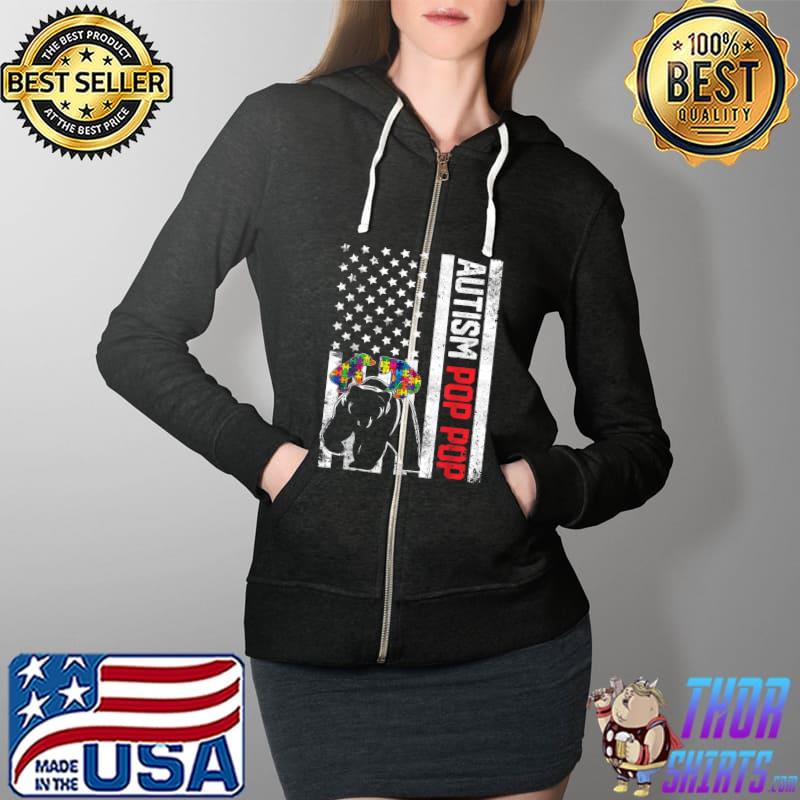 American Flag Pop Pop Bear Autism Awareness Support Family T-Shirt Full Zip Hooded