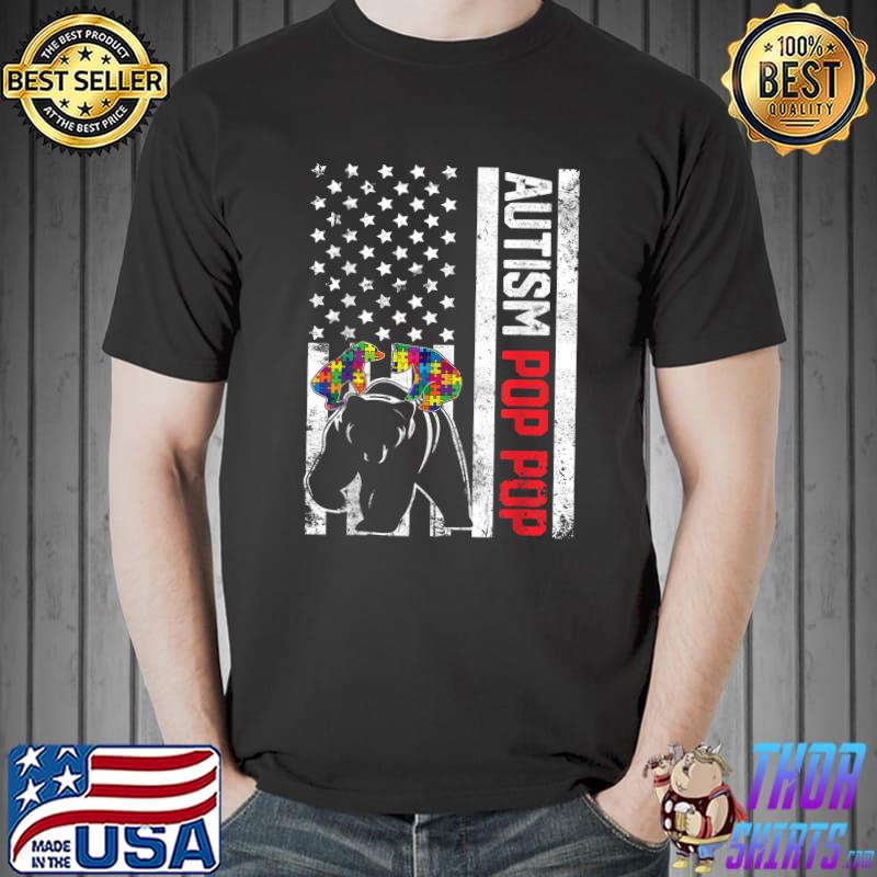 American Flag Pop Pop Bear Autism Awareness Support Family T-Shirt