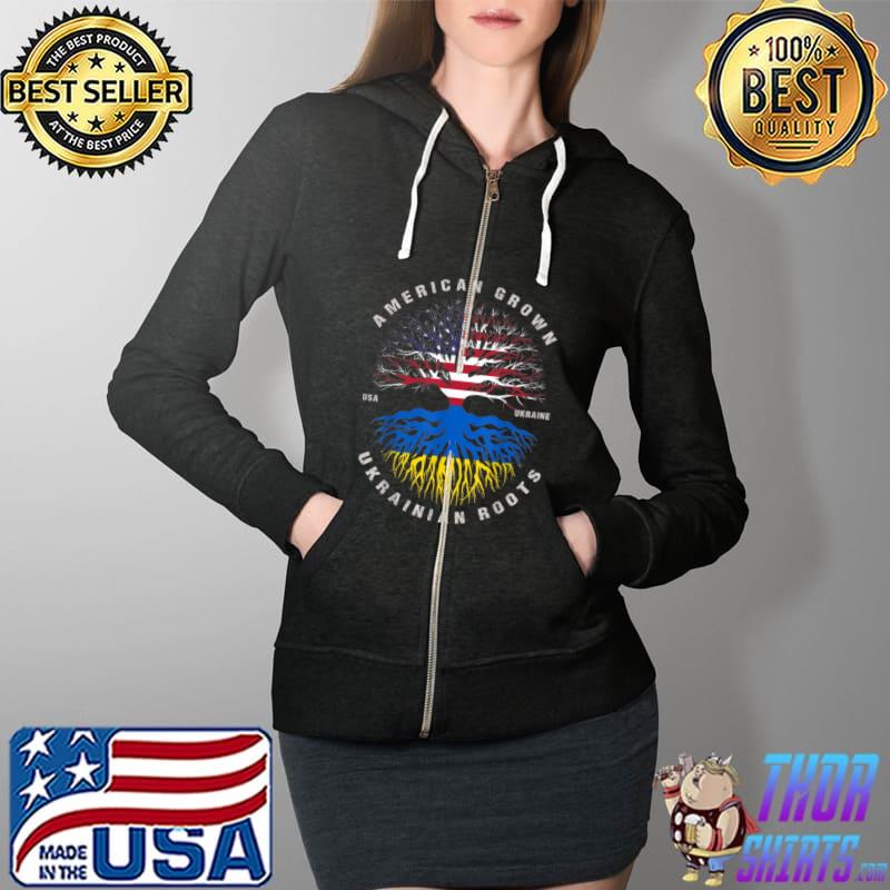 American Grown with Ukrainian Roots USA Flag Ukraine T-Shirt Full Zip Hooded