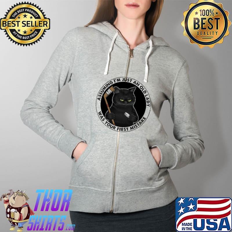 Assuming i'm just an old lady was your first mistake Hockey black cat Full Zip Hooded