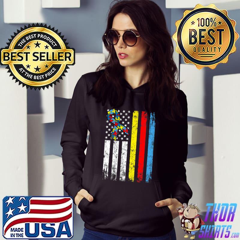 Distressed USA American Flag Ribbon Puzzle Autism Awareness Premium T-Shirt