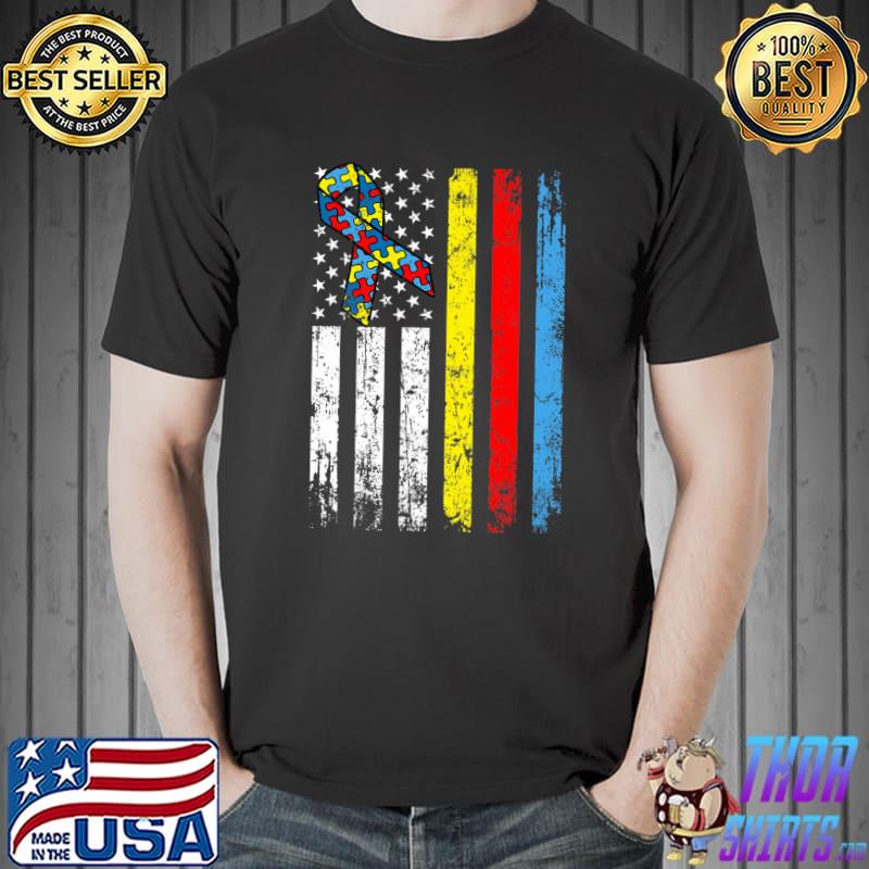 Distressed USA American Flag Ribbon Puzzle Autism Awareness Premium T-Shirt Unisex