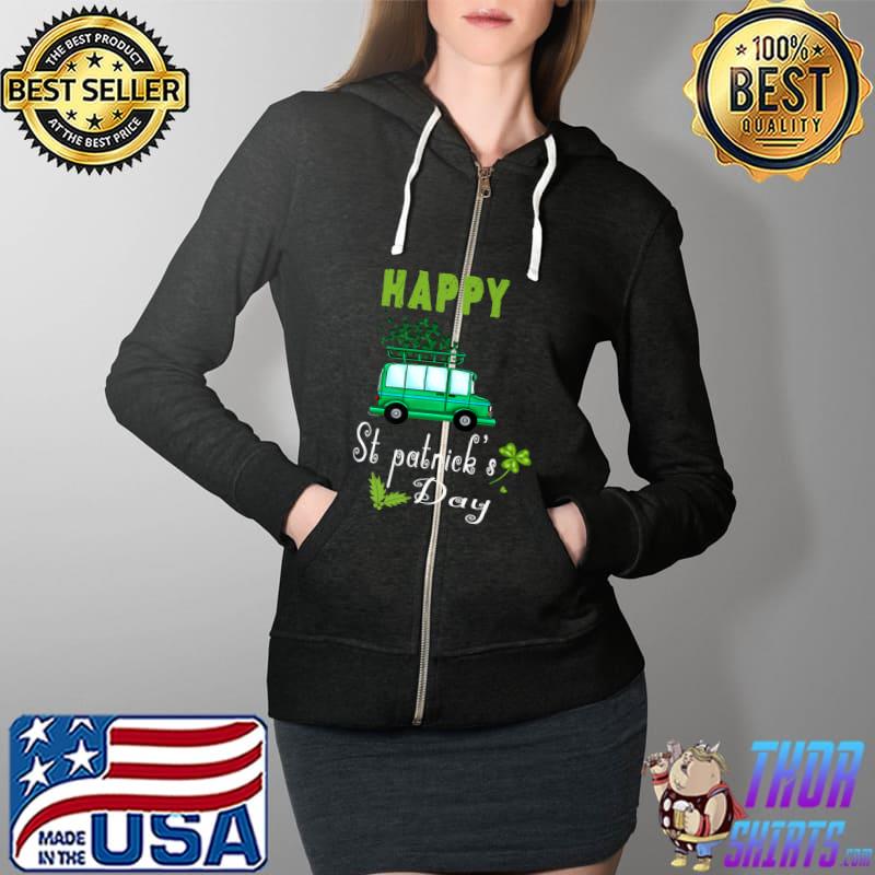 Funny Happy St Patrick's Day Green Truck Buffalo Plaid Shamrock Premium T-Shirt Full Zip Hooded