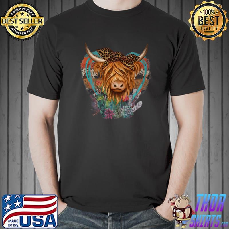 Highland Cow Leopard Bandana Cowgirl Serape Heart Western Premium T-Shirt