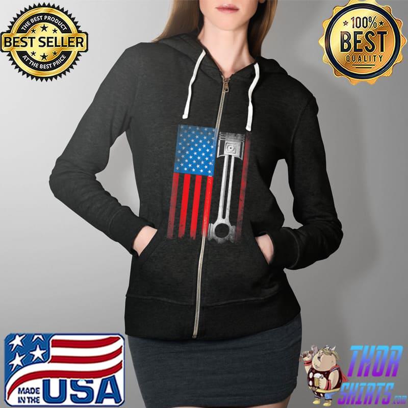 Horsepower Vintage Auto USA US American Flag Piston Racing T-Shirt Full Zip Hooded